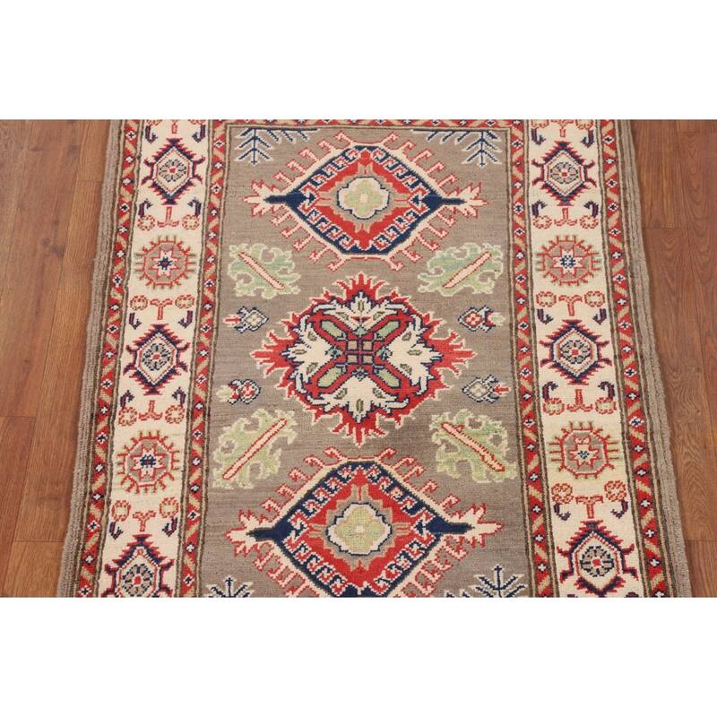 Brown Geometric Kazak Oriental Accent Rug Handmade Wool Carpet - 2'10" x 4'0"