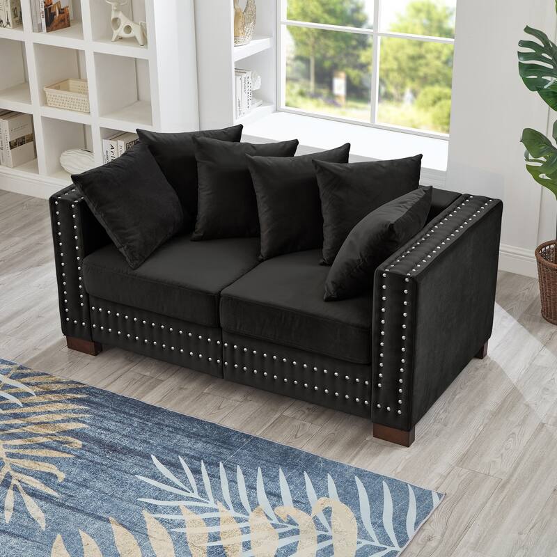 Velvet Loveseat Sofa with Storage, Comfy Upholstered Deep Seat Sofa, 2-Seater Sofa with Nailhead Trim & 6 Throw Pillows