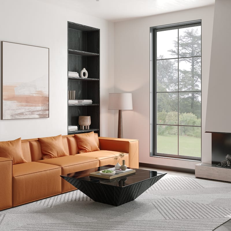 Modern Square Coffee Table, Trapezoid White Sintered Stone Coffee Table, Fully-assembled