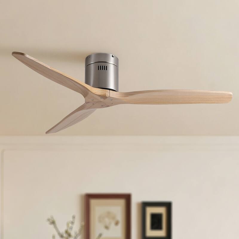 52"Mordern Rustic Elegance Solid Wood Blades Low Profile Flush Mount Ceiling Fan without Light - Brushed Nickel