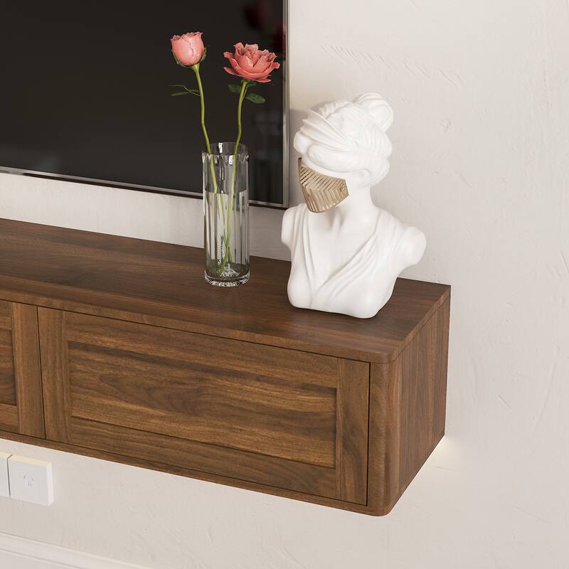 Wall Mounted TV Stand, High Gloss Floating TV Stand with LED Lights & Power Outlet