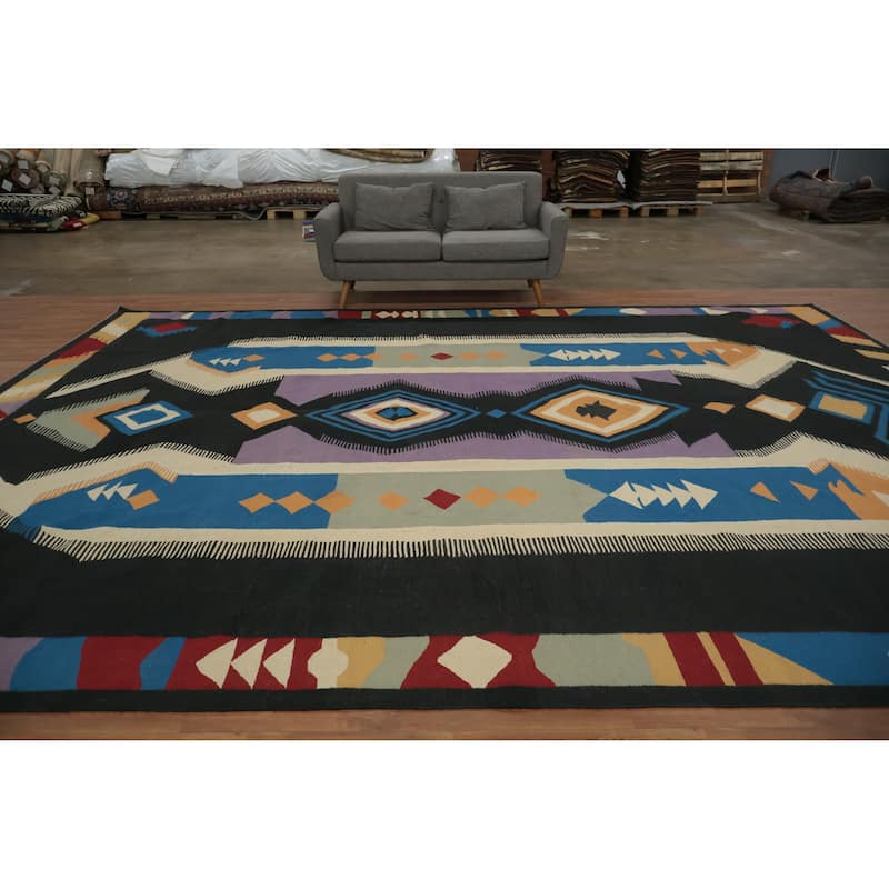 Hand Woven Oriental 100% Wool Carpet Southwestern Tribal Black Kilim Area Rug - 15' 5'' X 12' 2''