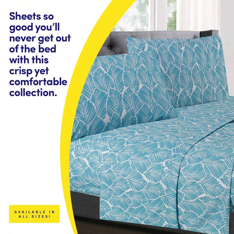 Sweet Home Collection Tropical Leaf 4 Piece Printed Sheet Set, Double Brushed Microfiber