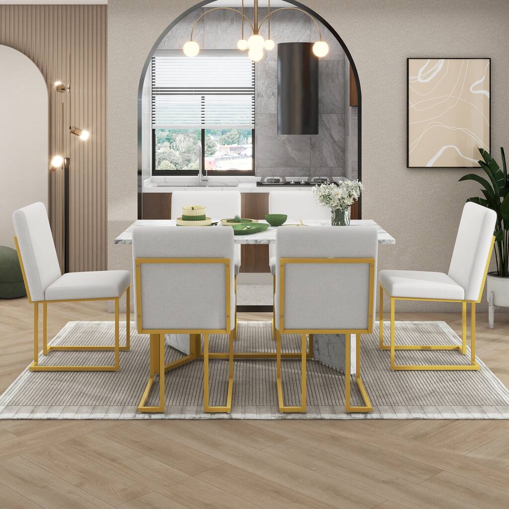 7-Piece Dining Set With Marble Sticker Table and 6 Linen Chair