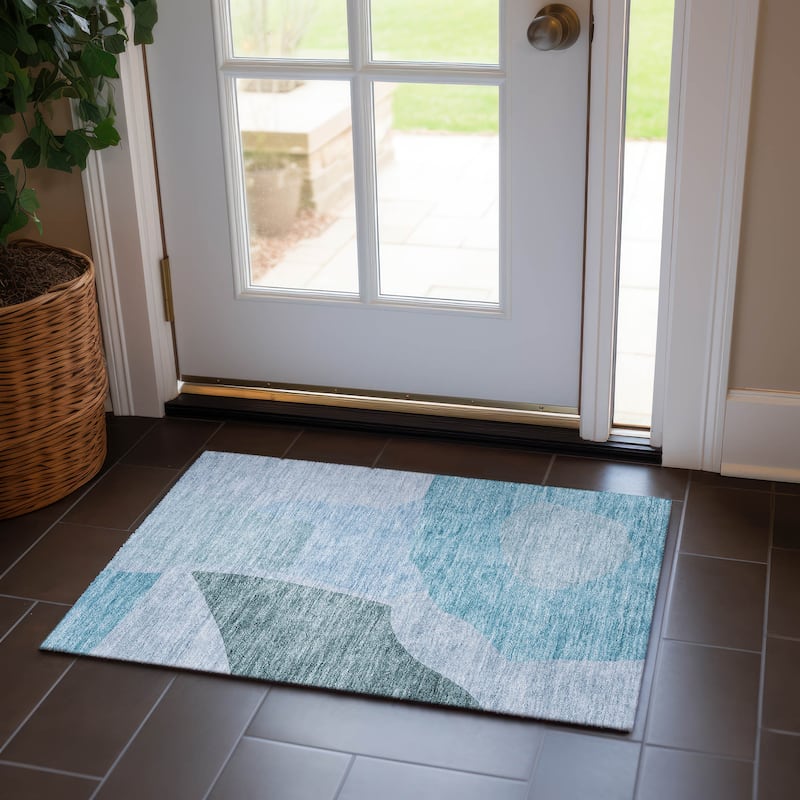 Machine Washable Indoor/ Outdoor Chantille Contemporary Abstract Rug - Teal - 1'8" x 2'6"