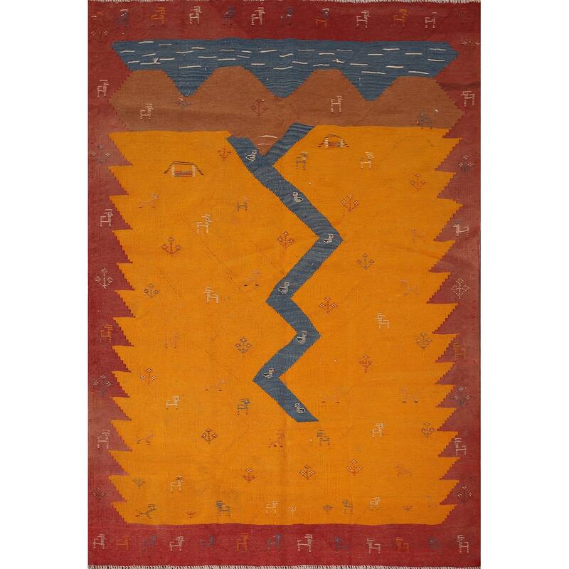 Vegetable Dye Kilim Qashqai Persian Vintage Rug Flatweave Wool Carpet - 4'8" X 6'4"