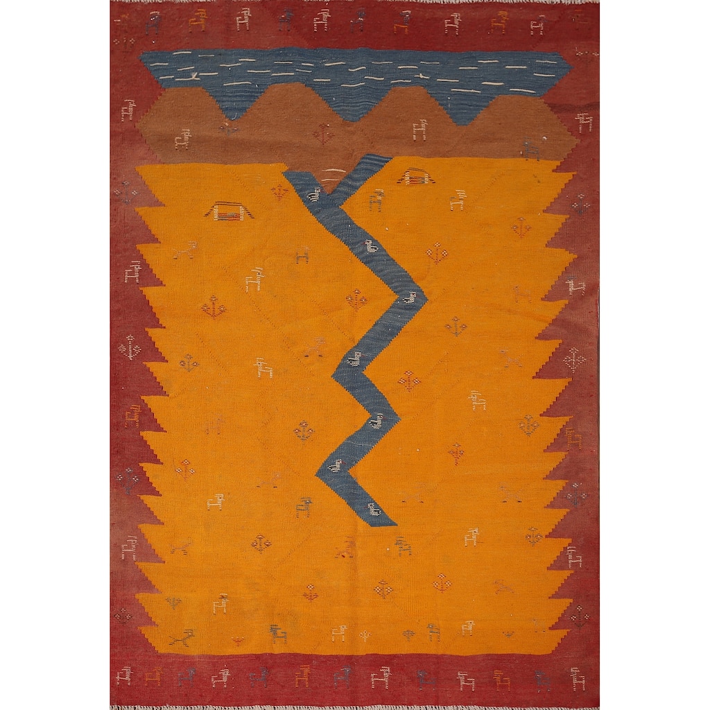 Vegetable Dye Kilim Qashqai Persian Vintage Rug Flatweave Wool Carpet - 4'8" X 6'4"