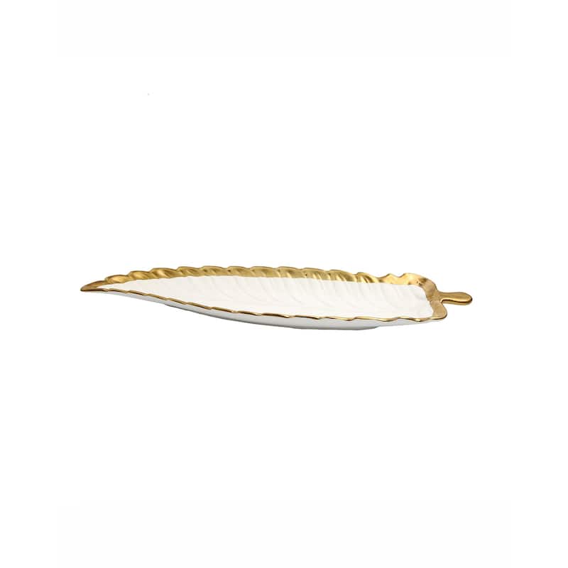 Alice Pazkus 18.25"L Gold White Porcelain Leaf Dish with Gold Rim