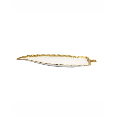 Alice Pazkus 18.25"L Gold White Porcelain Leaf Dish with Gold Rim