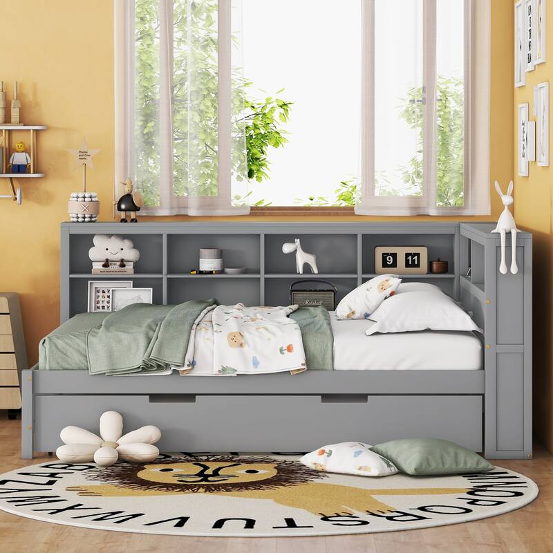 Full Size Daybed with Twin Trundle, Storage Shelf, and USB Charging Ports, Grey