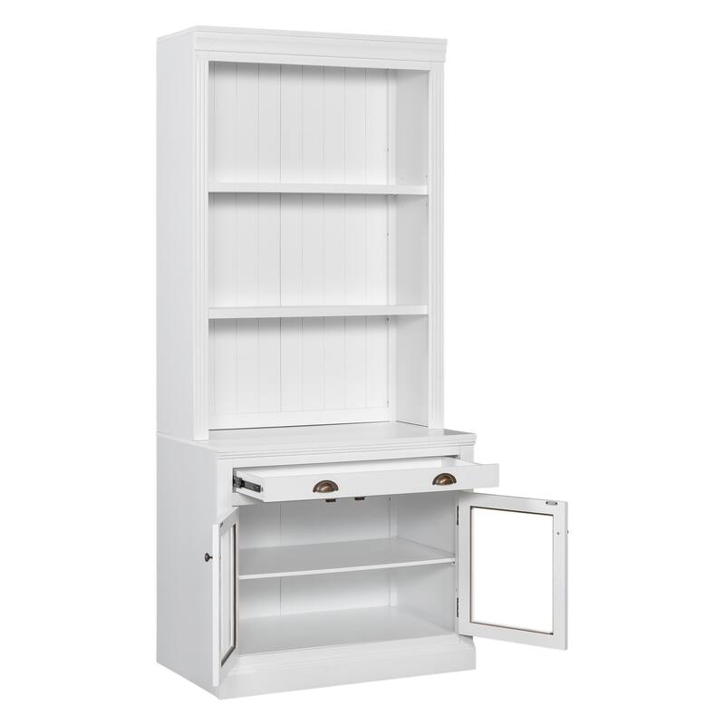 83.4" Large Bookshelf Suite with LED Lighting, 2-Piece Wood Storage Bookcase Set with Glass Doors, Drawers & Open Shelves