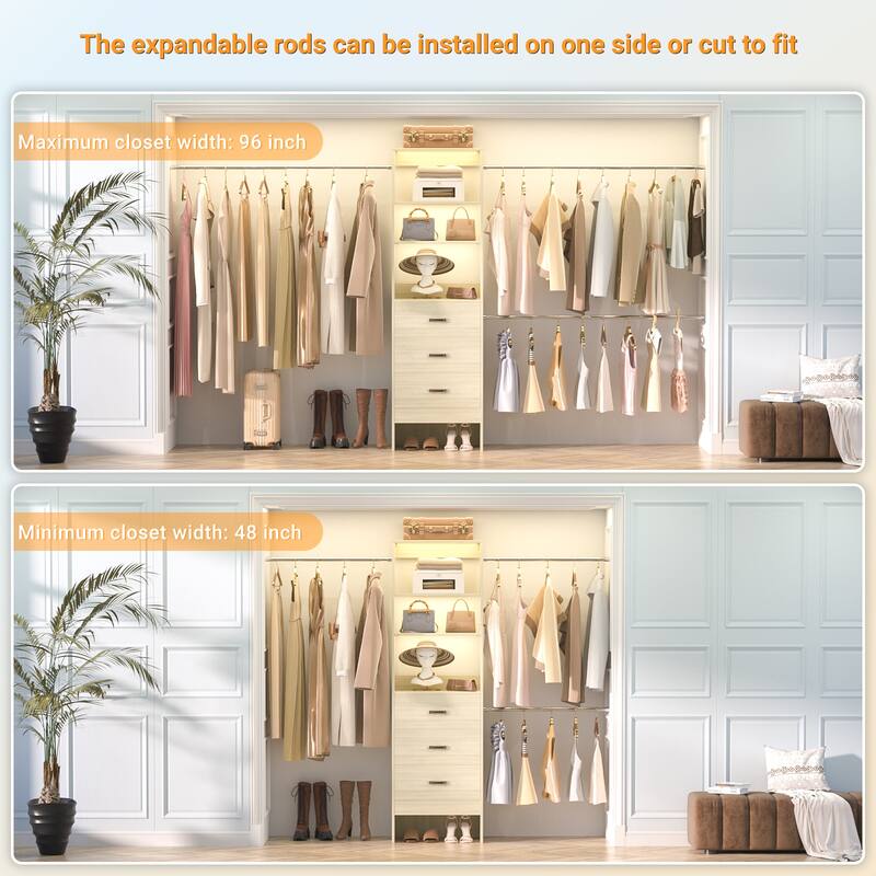 20.2'' - 96'' W Closet Organizer with Drawers, Closet System with Hanging Rods and Adjustable Shelves