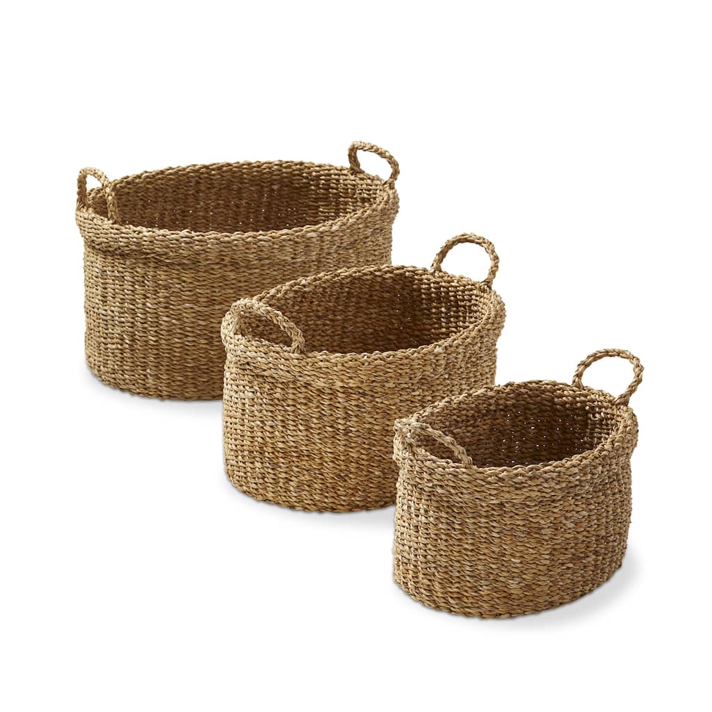 Oval Folding Basket with Handle - Decorative Seagrass Storage Basket for Everyday Use - 11" H x 21" L x 15" W