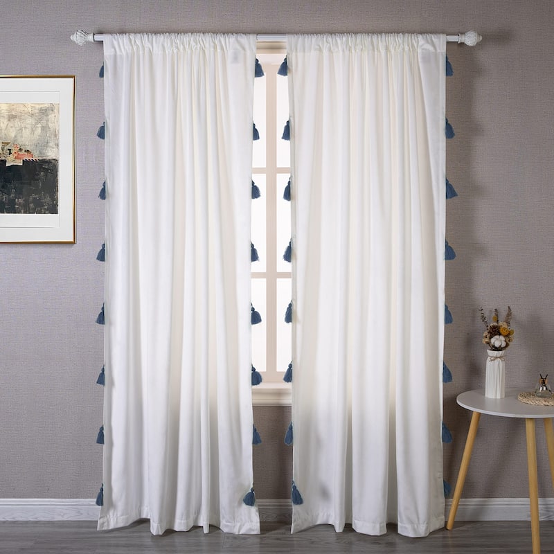 DriftAway Boho Velvet Handmade Tassel Curtain Room Darkening Thermal Insulated Window Curtains - 50"Width X 84 "Length - Ivory Peacock Blue