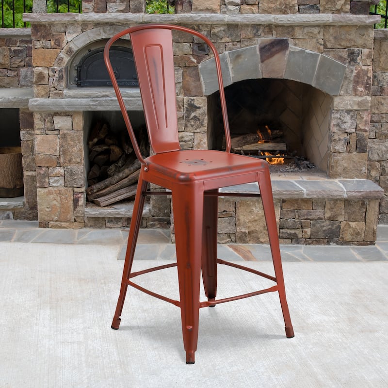 24-inch High Distressed Metal Indoor/Outdoor Counter Height Stool - 17.75"W x 22"D x 40.25"H