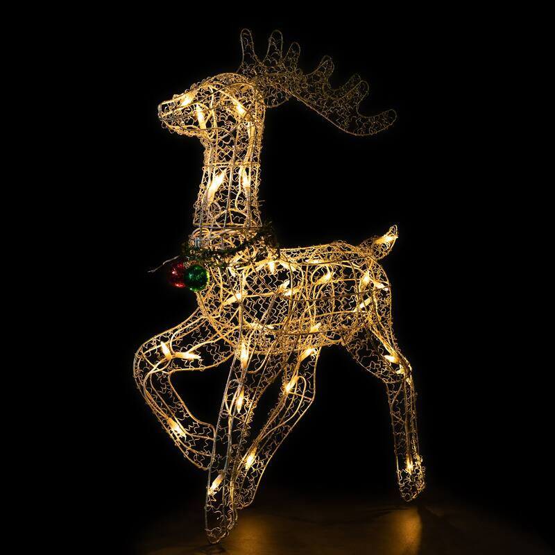 25.5" Silver Green Lighted Prancing Reindeer Christmas Decoration - White