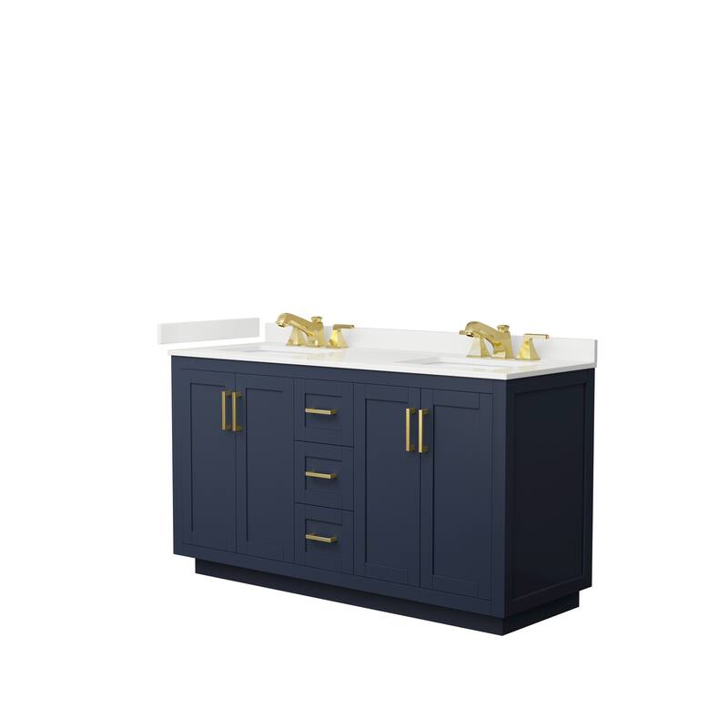 Miranda 60-inch Double Vanity, Quartz Top - Dark Blue, Gold Trim, White Quartz Top