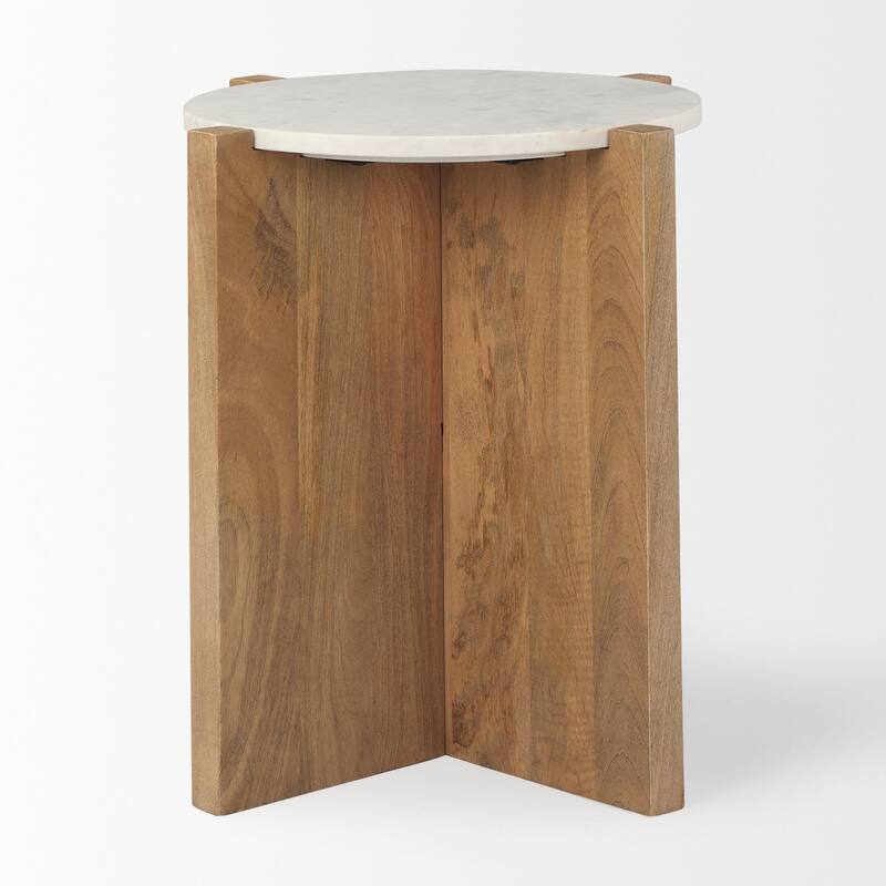 Bianca Round Light Brown Solid Wood & Marble Accent Table - 22"L x 22"W x 22"H