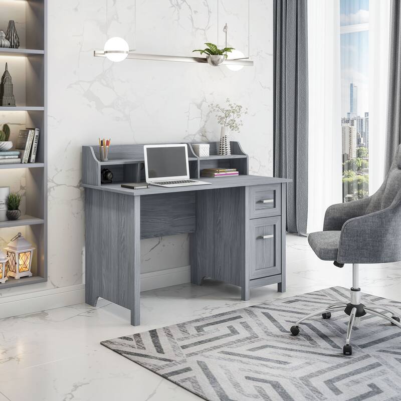 Modern Classic Writing Desk with Storage Hutch, Pullout Drawer, and Organizational Shelves for Home Office - Grey