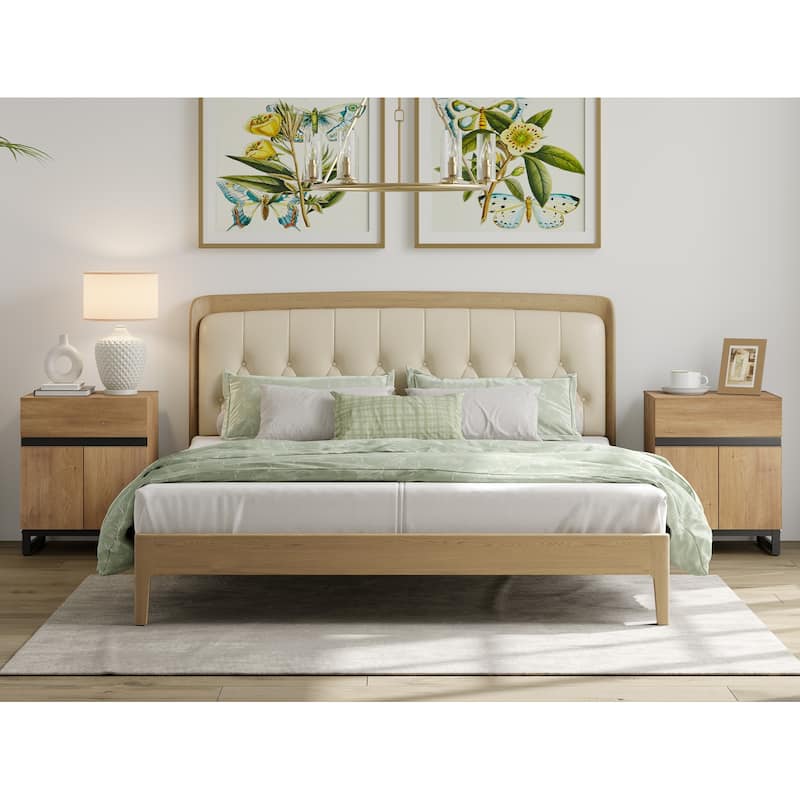 WAMPAT Modern Nightstand with 1 Drawer & 1 Storage Cabinet, Farmhouse Bedside Table with 2 Open Door forBedroom - Oak - 2-drawer