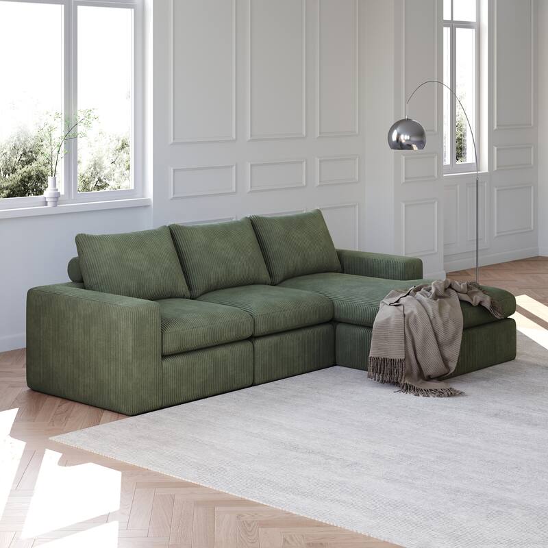 Roomfitters Modern 3-Seater Corduroy Cloud Sectional Sofa with Chaise, L-Shaped Boneless Couch with Pillows - Green - 3 Seater