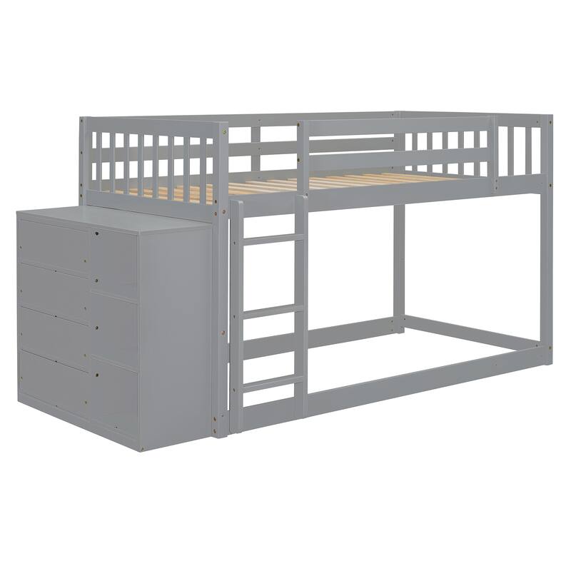 Twin Over Twin Size Bunk Platform Bed Frame with 4 Storage Drawers and 3 Shelves, Solid Wood, Space-Saving Design for Bedroom