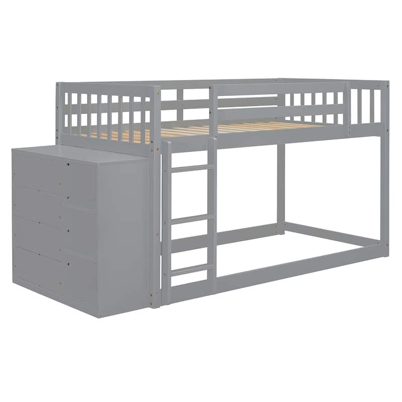 Wood Floor Bunk Bed w/ 4 Drawers, Convertible Side Cabinets & Ladders