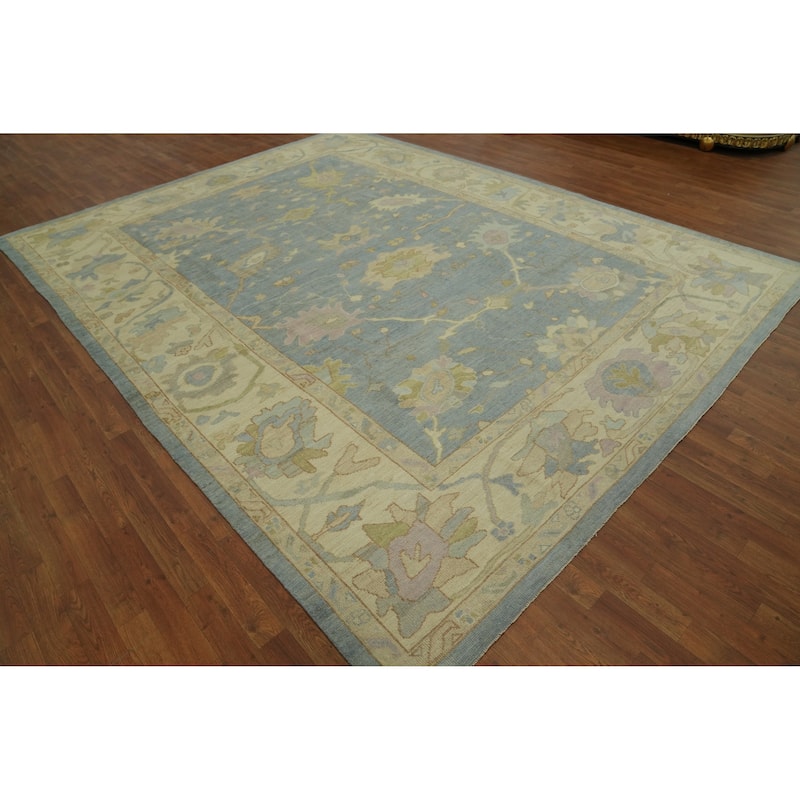 Vegetable Dye Blue Oushak Turkish Area Rug, Floral Geometric Carpet - 11' 10'' X 9' 0''