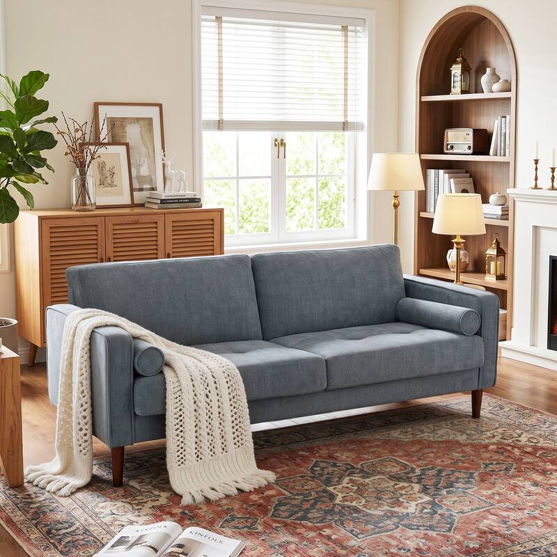 62.5'' W Corduroy Couch Upholstered Square Arm Sofa - Chenille Fabric - Blue Grey/Loveseat Sofa