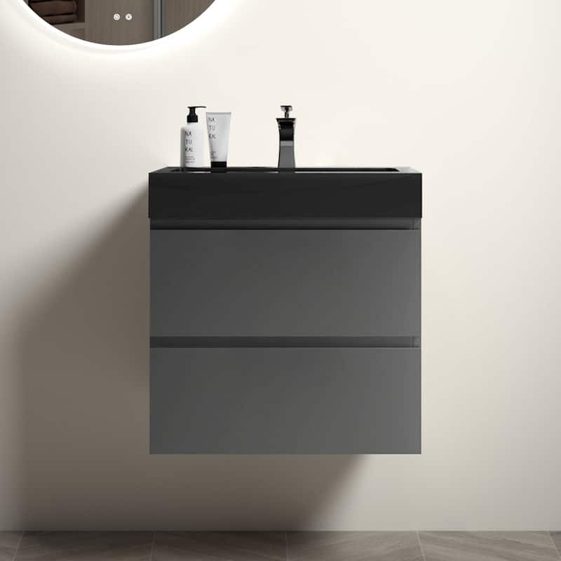 24"Bathroom Vanity with Sink,Storage Wall Mounted Floating Bathroom Vanity,One-Piece Black Sink Basin without Drain and Faucet - Black+ Gray