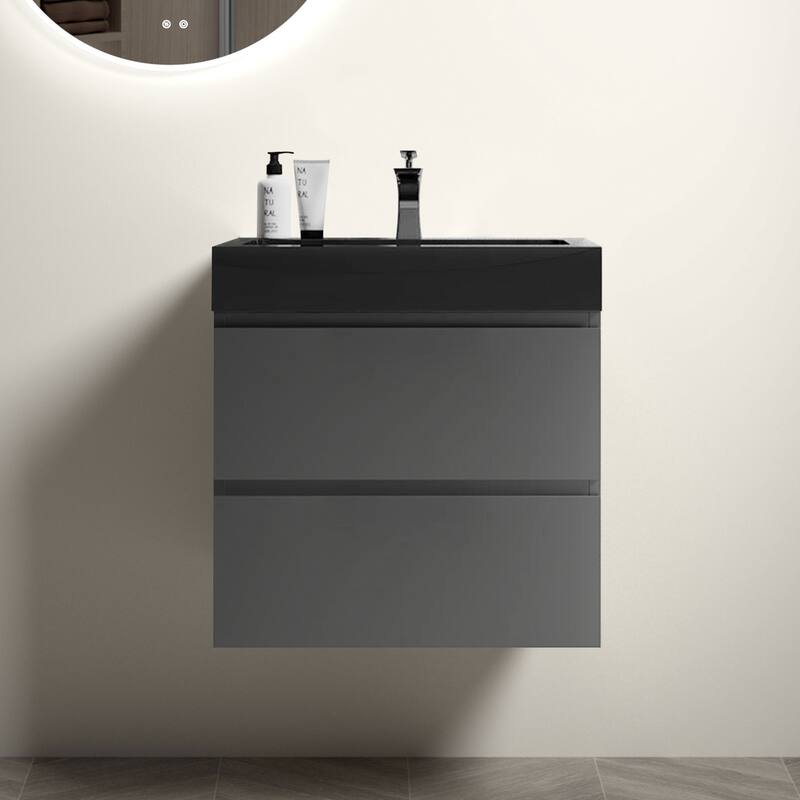 Modern Wall Mounted Bathroom Vanity with One-Piece Sink Basin without Drain and Faucet - Black+Grey