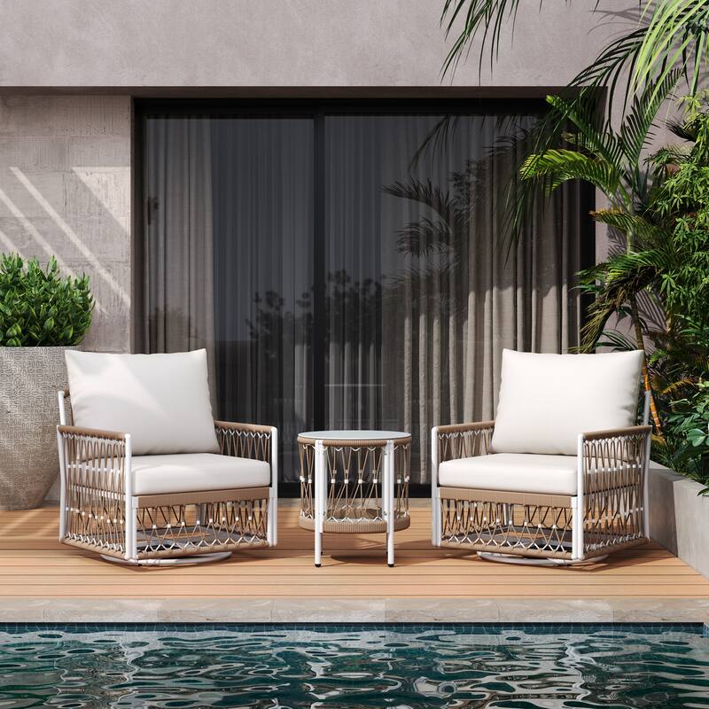 3-Piece Bohemian Outdoor Furniture Set with 2 Swivel Chairs & Tempered Glass Side Table, Waterproof Patio Conversation Set - Beige+Natural