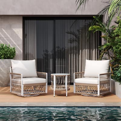 3-Piece Bohemian Outdoor Furniture Set with 2 Swivel Chairs & Tempered Glass Side Table, Waterproof Patio Conversation Set