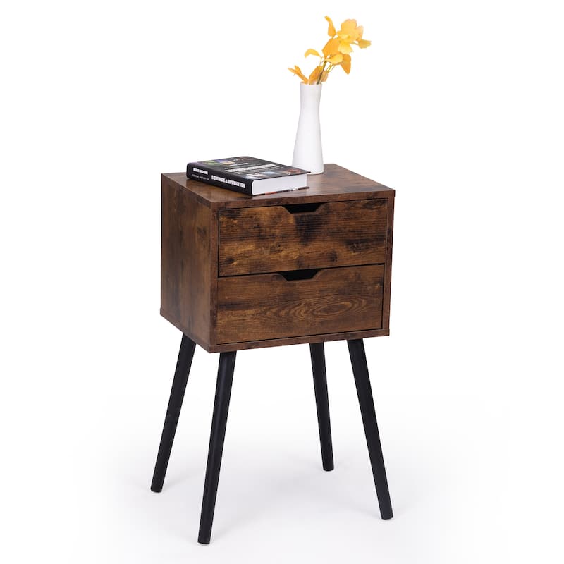 Modern Nightstand with 2 Drawers, Solid Wood Legs, Spacious Storage, Rustic Brown End Table for Bedroom or Living Room