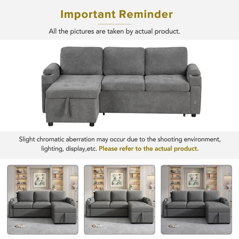 83.5" Chenille L-Shaped Sectional Sofa with Convertible Bed & Storage