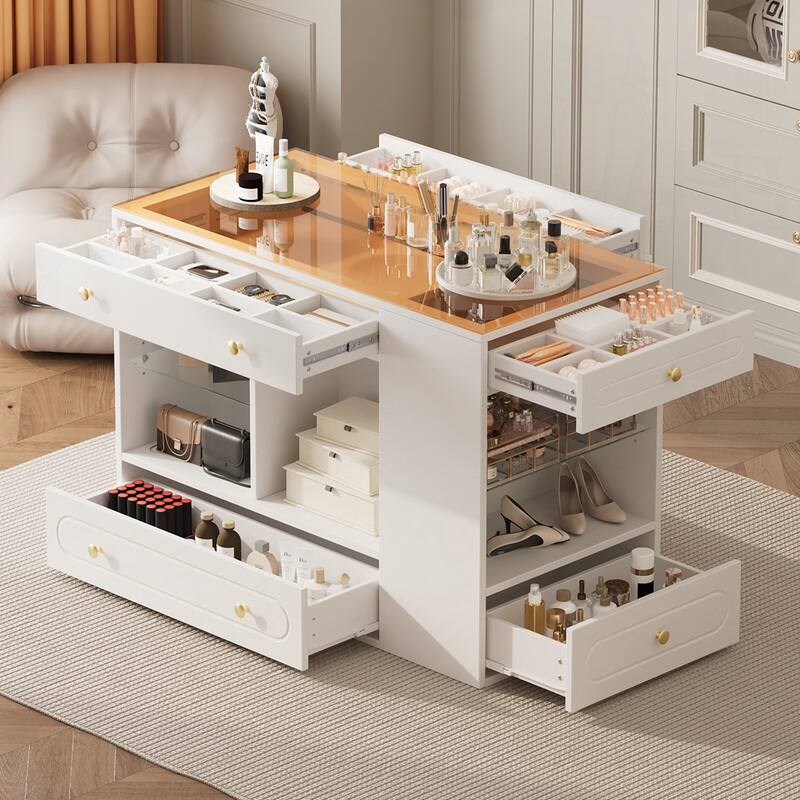 Wardrobe Armoire Bedroom Island with Glass Display Top and Open Shelves - White