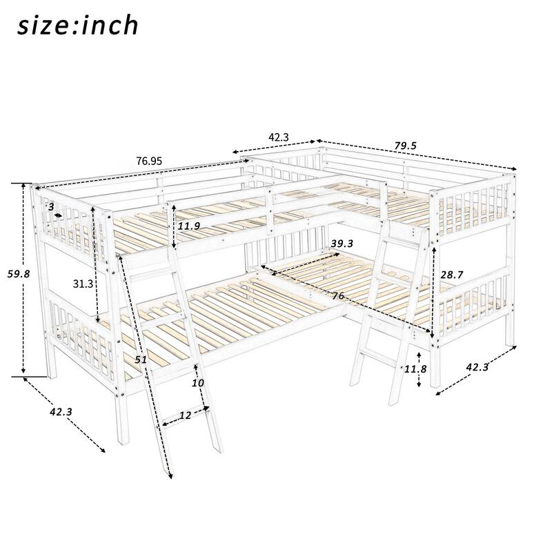 Twin Size L-Shaped Bunk Bed with Ladder in Gray