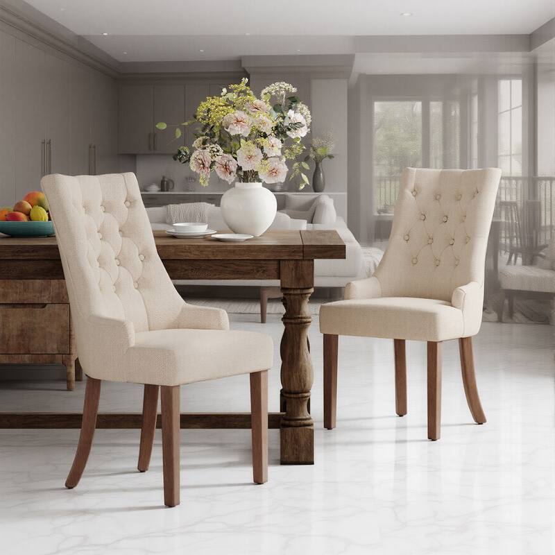 Wingback Upholstered Dining Chairs, Fabric Side with Tufted Button - Set of 2 - Beige