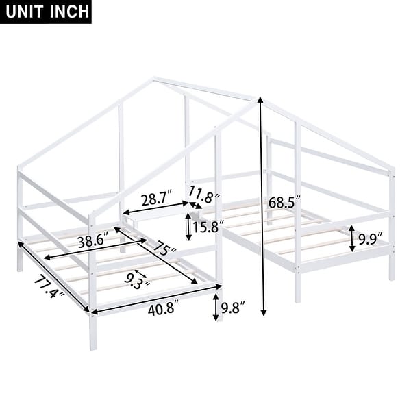 dimension image slide 0 of 2, Double Twin Canopy House Beds with Table - Pine Wood Frame