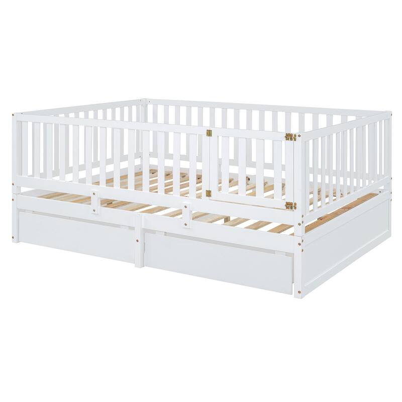Full Size Wood Daybed with Fence Guardrails and 2 Drawers, Convertible to Floor Bed & Daybed, White