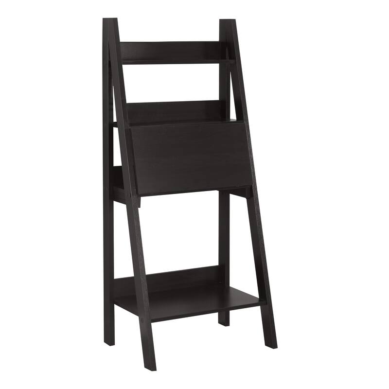 Contemporary 61" Leaning Computer Desk, Espresso Brown Laminate with Storage Shelves, Wall-Mounted Design