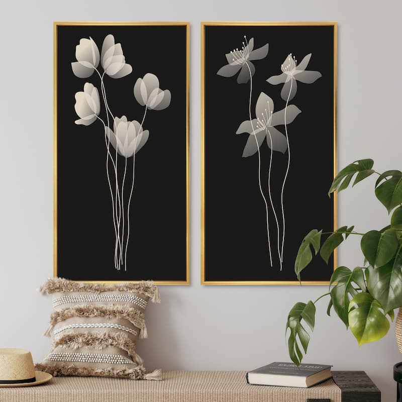Designart "Monochrome Minimalist Organic Plant Structures I" Floral Framed Art Set of 2 Pieces