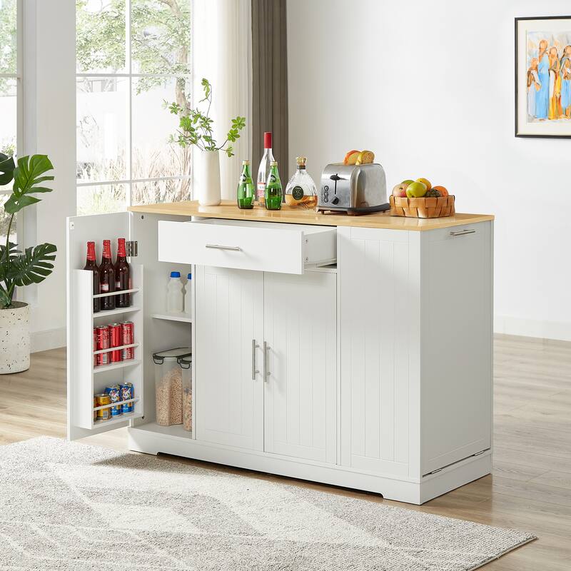 Anmytek 53 Inch Modern Farmhouse Kitchen Storage Island with Drawers Trash Can Storage White