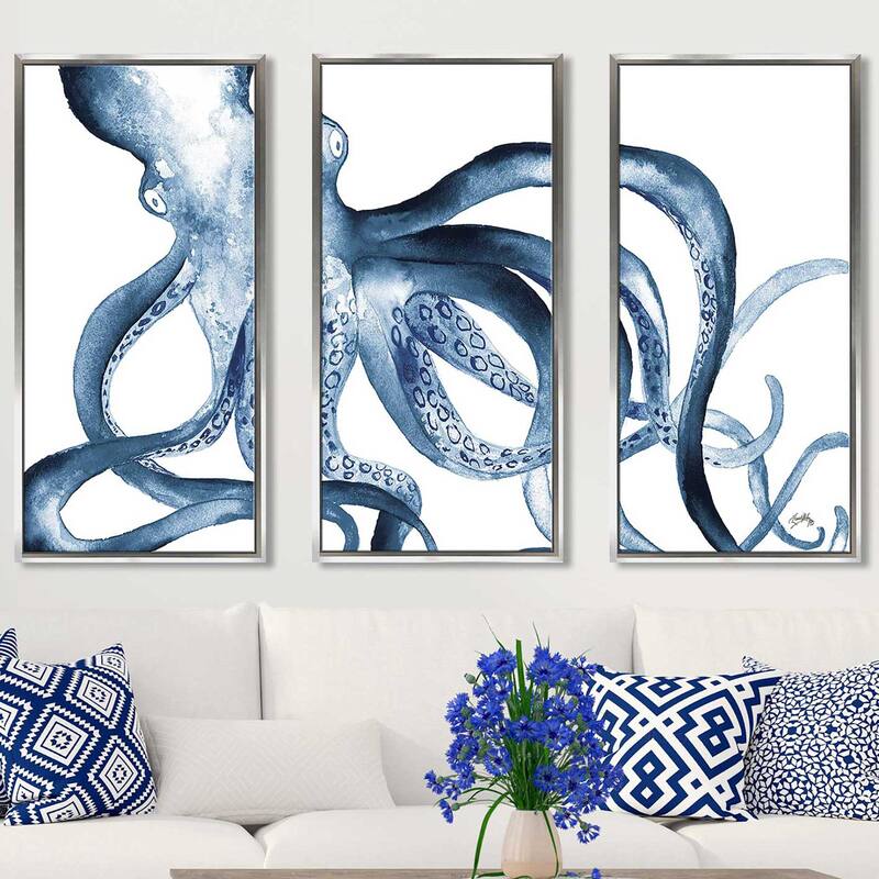 "Octopus in the Blues" Print in Floating Canvas, Set of 3 - Blue