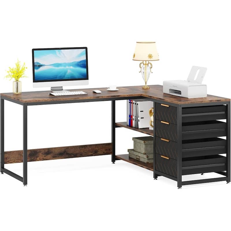 59"L-Shaped Computer Desk with Drawers and Shelves, Reversible Corner Office Desk Workstation, Writing Table with File Cabinets