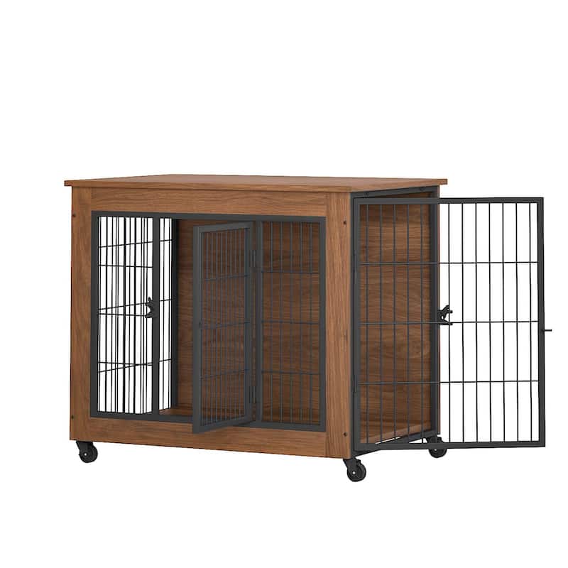 32.5" Dog Crate Furniture with Wheels for Small Dogs, Heavy Duty Dog Kennel Indoor with 2 Doors, Dog Cage for Anxiety Dog