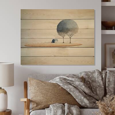 Designart 'Majestic Watercolour Tree With Little Countryhouse I' Landscape Forest Wood Wall Art - Natural Pine Wood