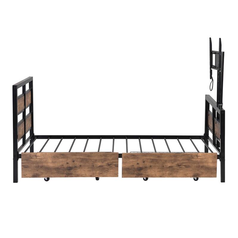 Metal Twin Size Platform Bed with 2 Drawers and Rotatable TV Stand