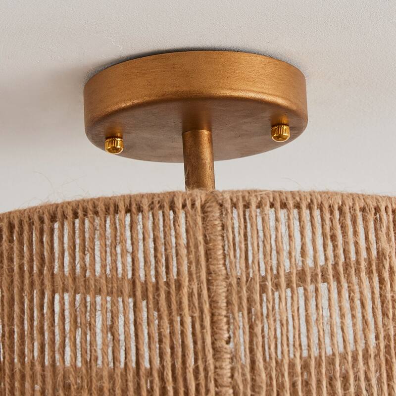 Bohemian Gold Natural Handmade Jute Rope 3-Light Two-Tier Drum Semi-Flush Mount Ceiling Light - 15.4"Wx12.6"H