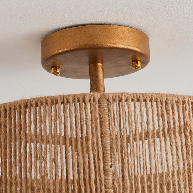 Bohemian Gold Natural Handmade Jute Rope 3-Light Two-Tier Drum Semi-Flush Mount Ceiling Light - 15.4" W x 12.6" H